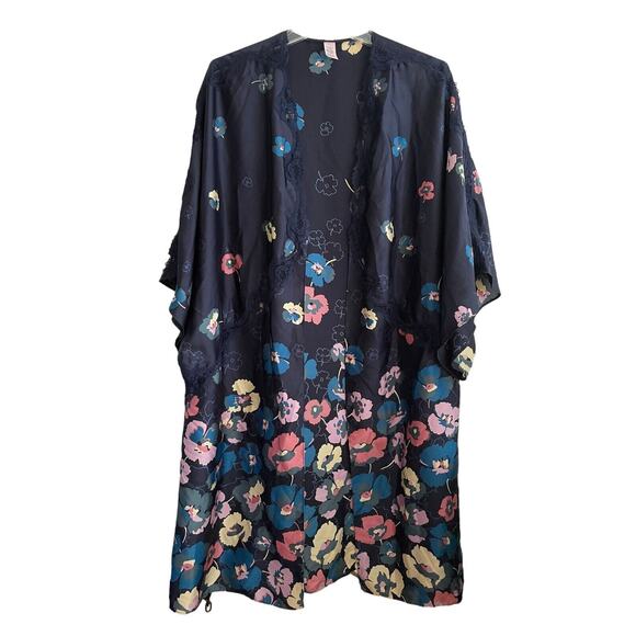 Victoria's Secret Satin Lace Trim Open Robe Women Size Medium/Large Blue Floral‎ - Picture 1 of 5